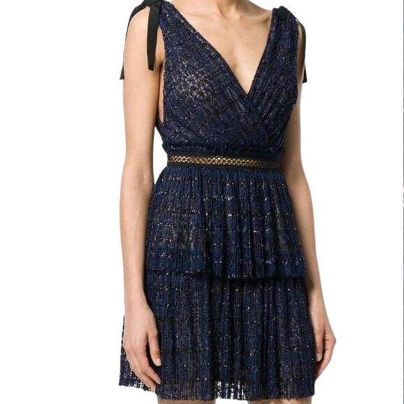 Self-Portrait V-Neck Metallic  Mesh Navy Dress - Picture 4 of 13